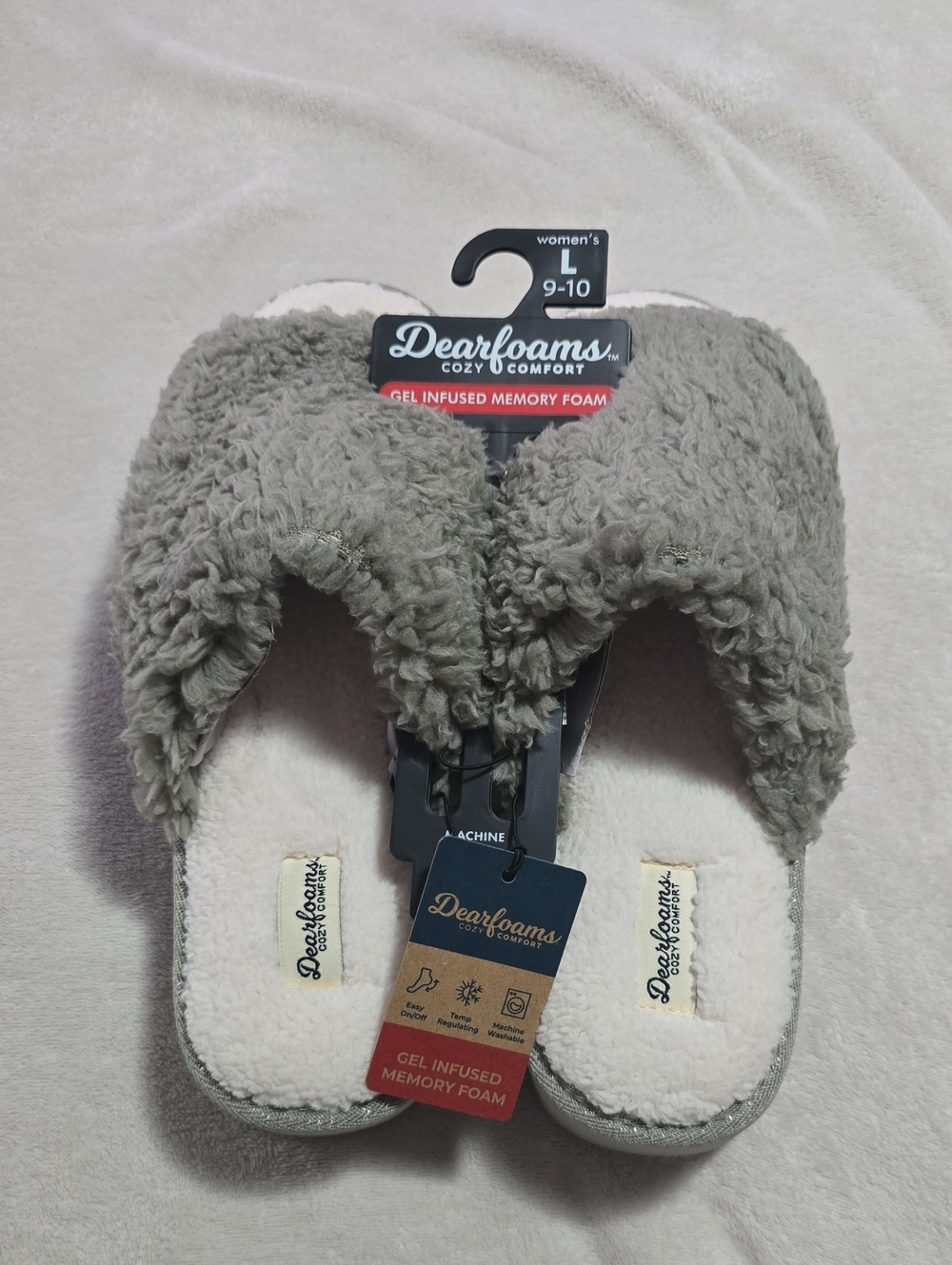 dearfoams Women's Gray Cozy Sherpa Memory Foam Slip-On Slippers